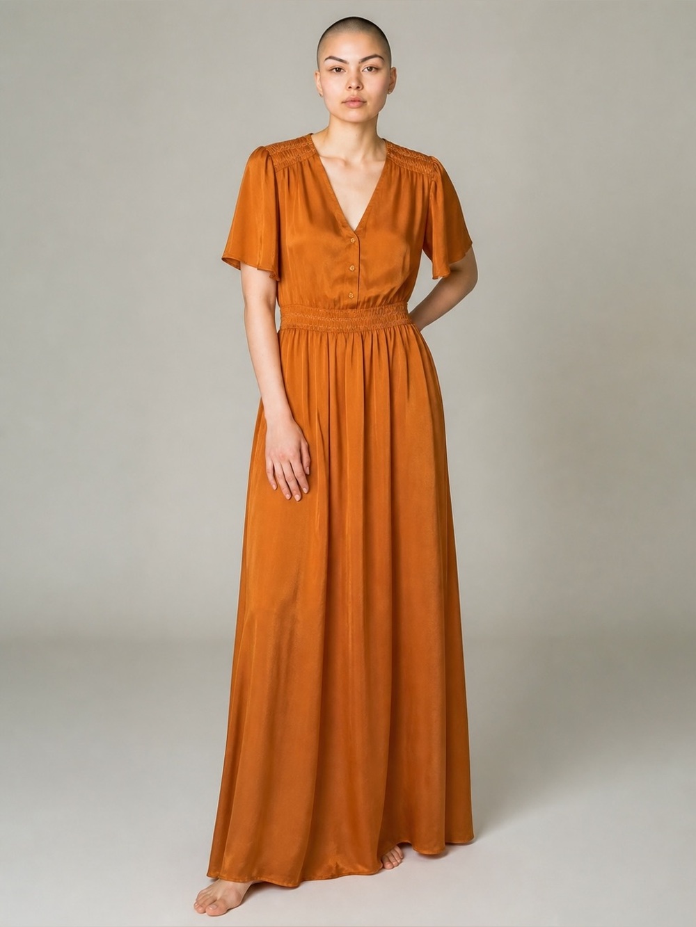 See U Soon Womens Small Rust Orange Maxi Dress Smocked Flutter Sleeve NWT
